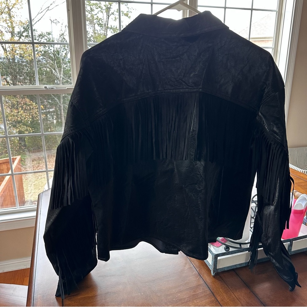 Fate Black Faux Leather Fringe Jacket Size Small (fits oversized)